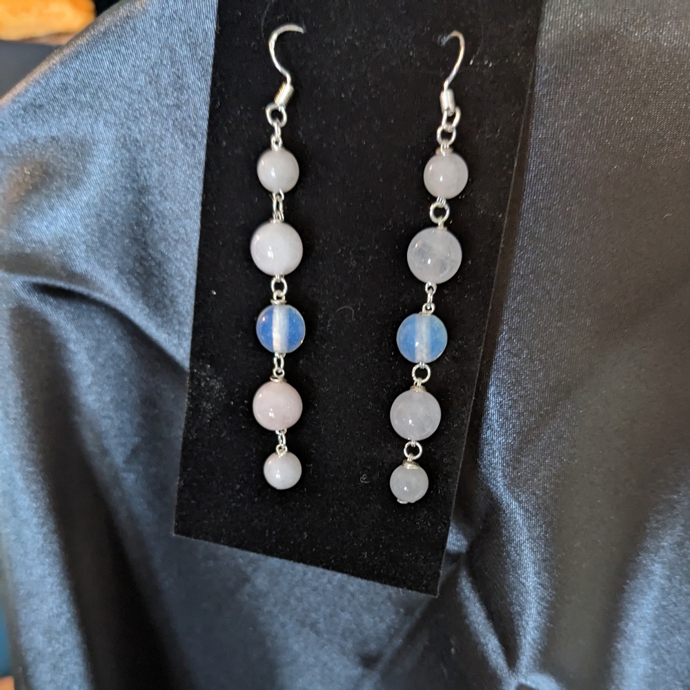 ROSE QUARTZ & MOONSTONE Earrings Dangle Long Handmade Crystal Beads Pink Cute - Picture 8 of 11